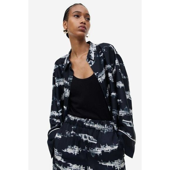 H&M EUC Patterned Satin Effect Set Shirt Pants Pajama Printed Navy White Size S - Picture 8 of 12
